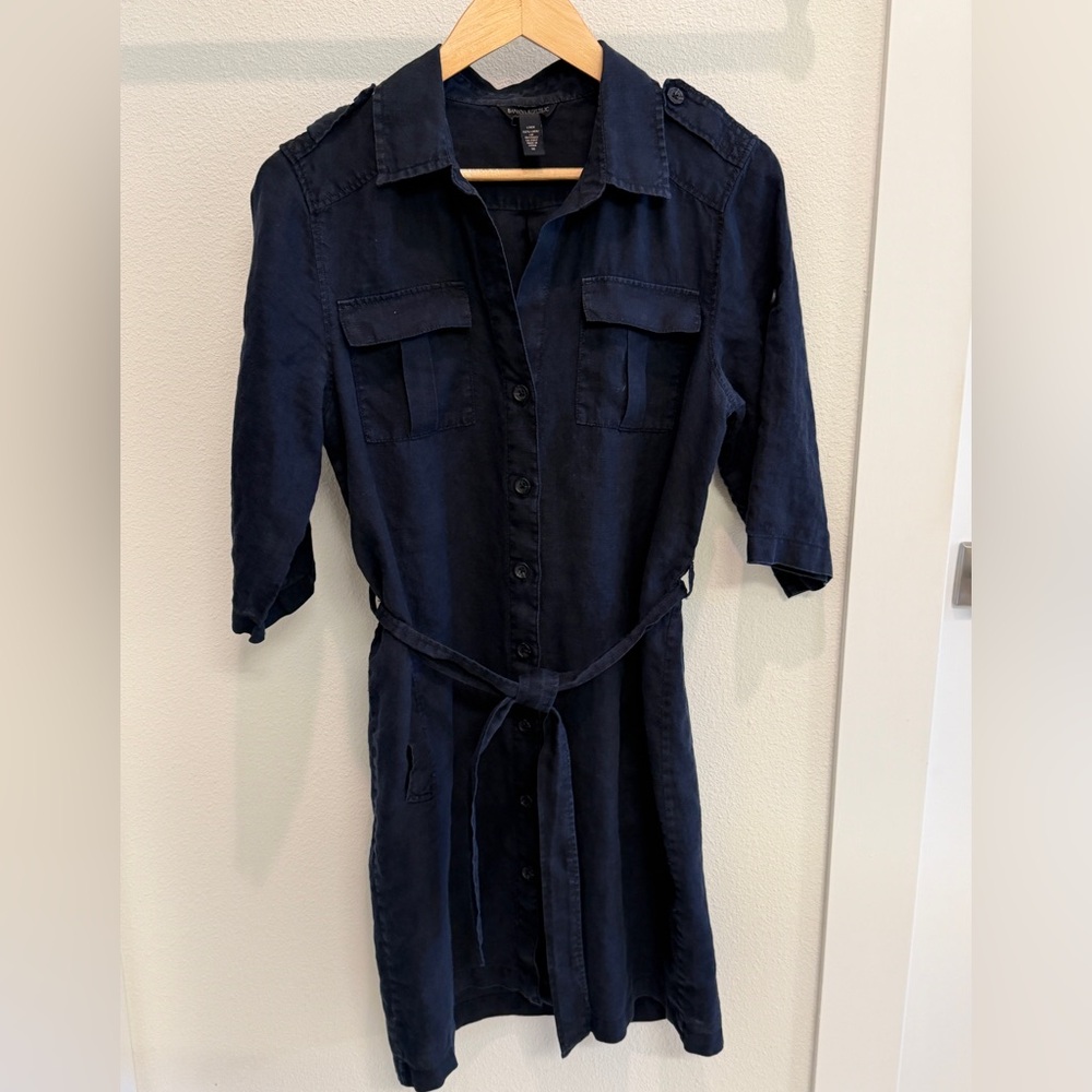 Banana Republic Classic Navy Linen Shirt Dress with Waist Tie - Picture 3 of 9